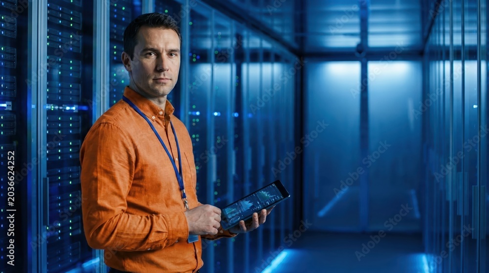 Fototapeta premium IT Engineer Holding Tablet in Modern Blue-Lit Data Center Server Room