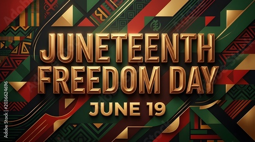 Juneteenth Freedom Day June 19 Gold Text on African Pattern Background