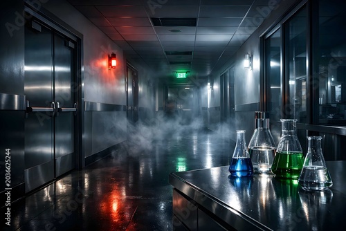 Dark abandoned laboratory corridor with chemical flasks, smoke and emergency lighting creating a tense scientific research facility atmosphere