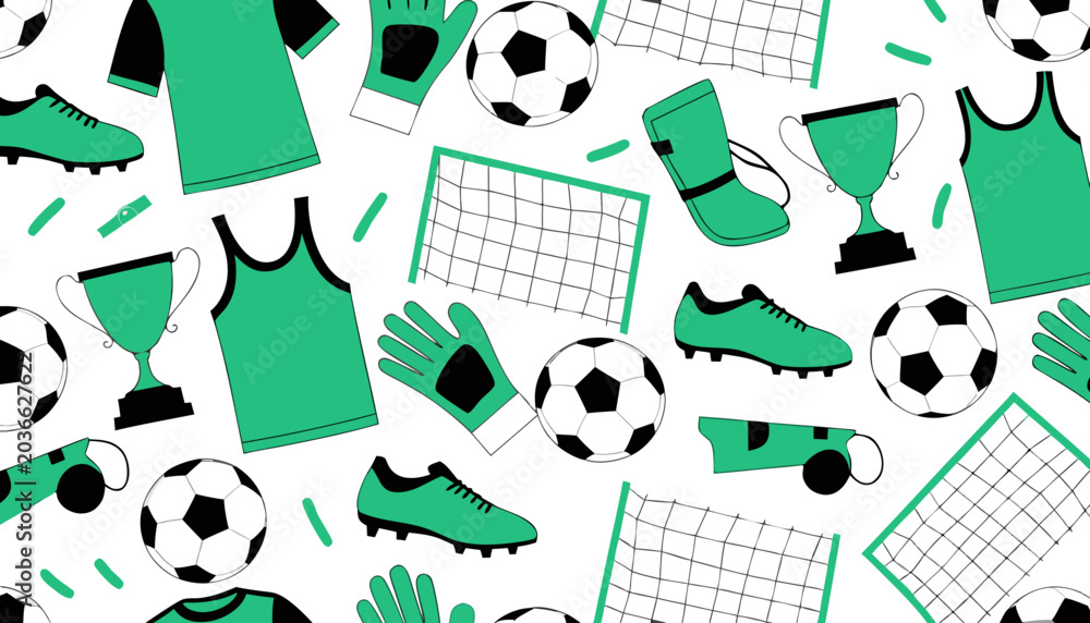 Fototapeta premium Football Soccer Seamless Pattern Flat Vector Background with Balls Boots and Sport Equipment 
