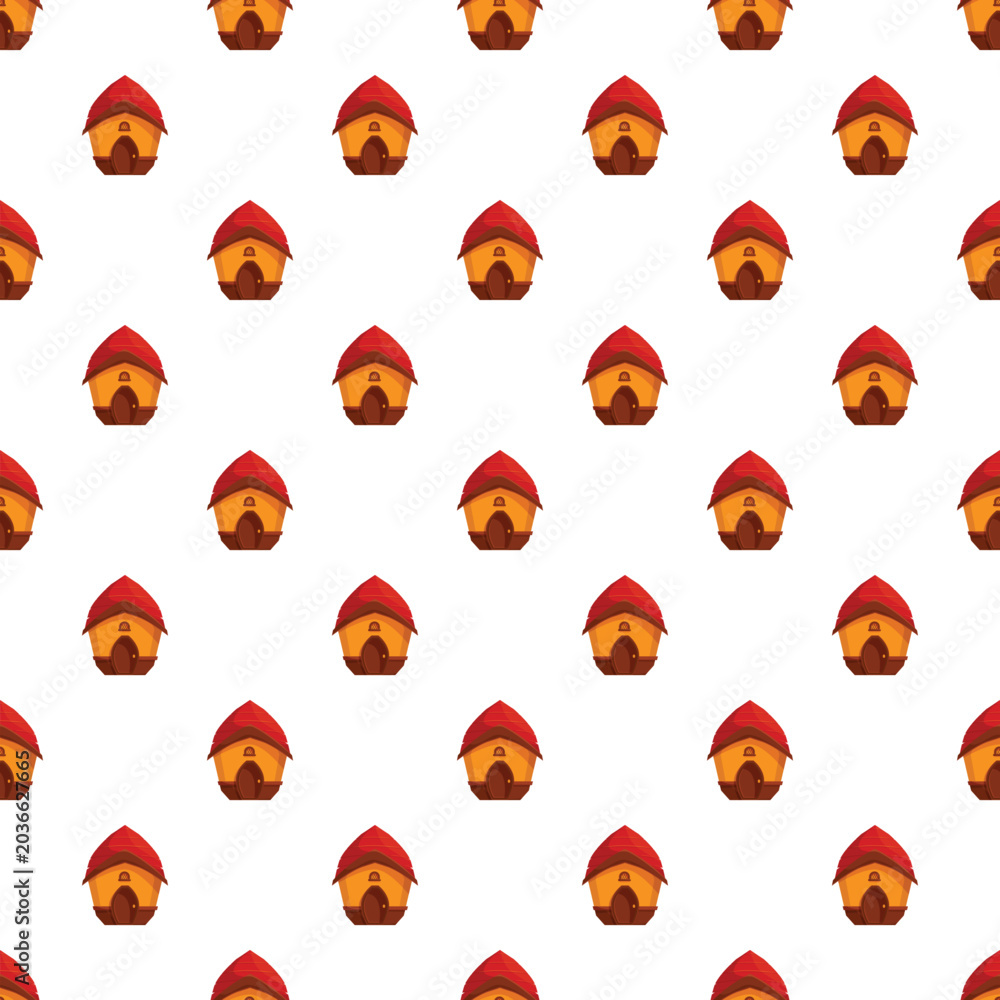 Obraz premium Repeating pattern of small cartoon huts with red roofs, offering a whimsical background