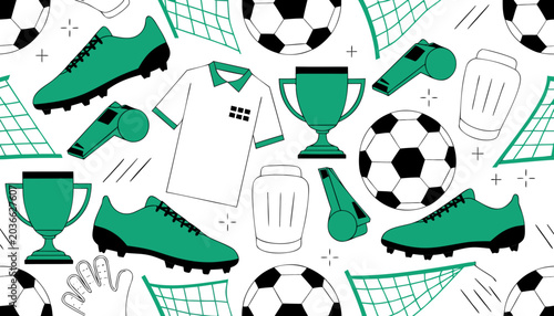 Football Soccer Seamless Pattern Flat Vector Background with Balls Boots and Sport Equipment
