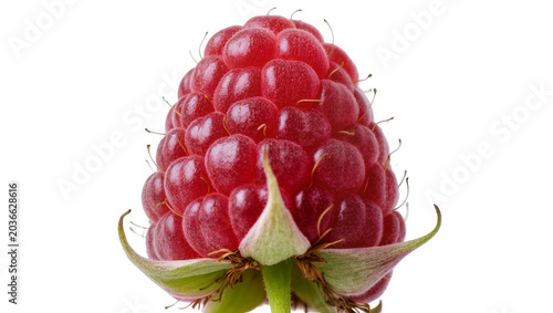 Photos Ripe red raspberry with green sepals and stem