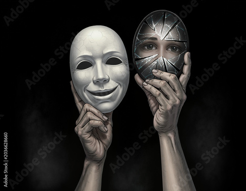 Broken Reflection and Smiling Mask Symbolizing Hidden Sadness