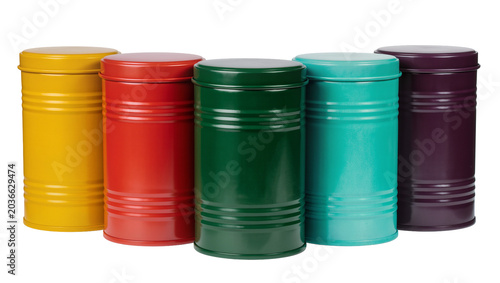 Fotografie Group of five colorful metal canisters with lids