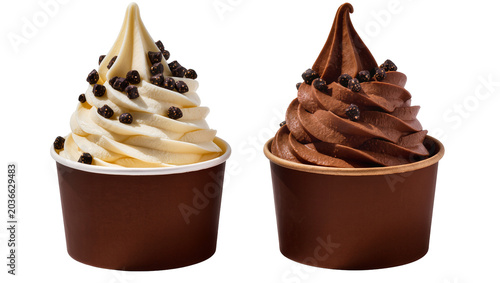 Foto Vanilla and Chocolate Soft Serve Ice Cream Cups with Chocolate Chips