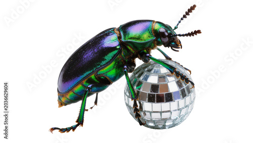 Foto Iridescent green beetle perched on a mirrored disco ball