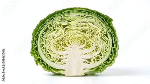 Fresh Green Cabbage Isolated on White Background Front View with Soft Shadow