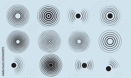 Concentric Circles and Sound Waves Icons Set on Light Blue Background