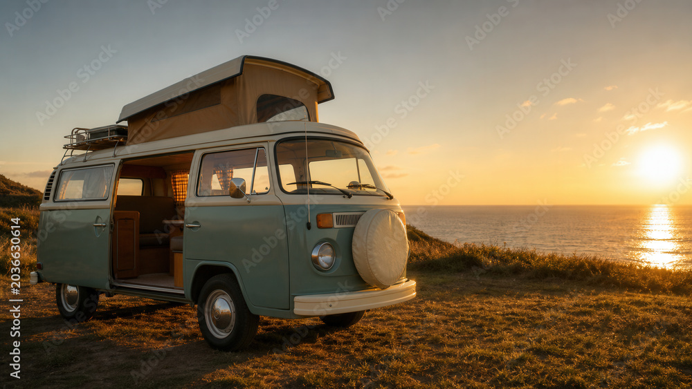 Fototapeta premium Vintage Camper Van Overlooking Ocean Sunset