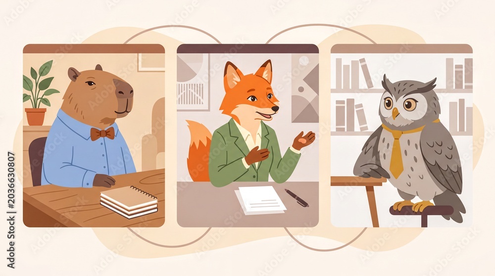 Naklejka premium remote collaboration themes, a whimsical video call featuring a capybara, fox, and owl as coworkers