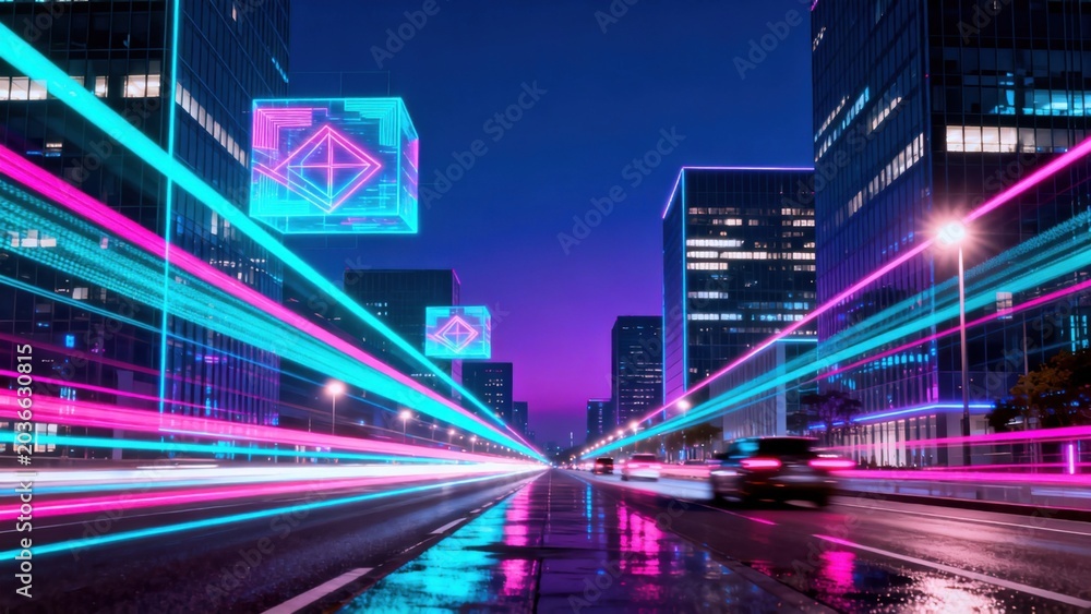 Fototapeta premium Neonlit city street at night