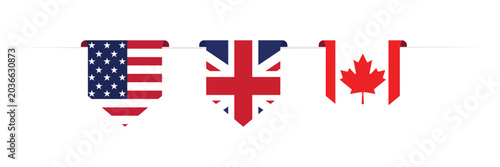 Patriotic Flag Bunting Banner Vector Set with USA UK Canada Flags for Independence Day Celebration Decoration Design