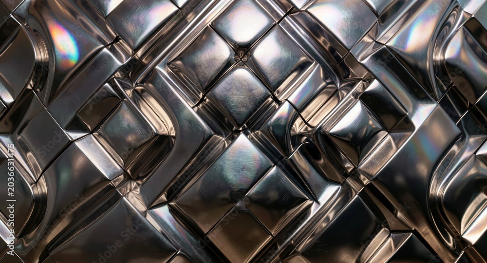 Naklejka premium Futuristic metallic quilted geometric blocks with iridescent reflections for modern abstract backgrounds.