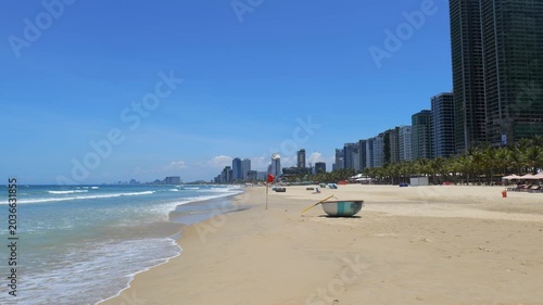 Da Nang beach landscape with coconut basket boat at My Khe beach area, Vietnam. Beautiful beach of Da Nang, Vietnam