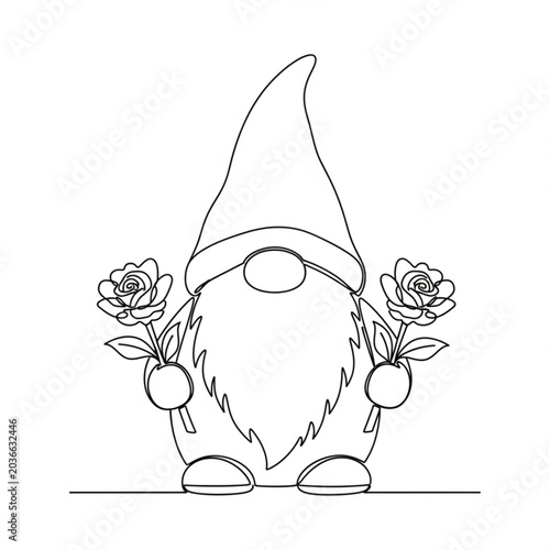 Garden gnome holding two roses in a simple line drawing style  