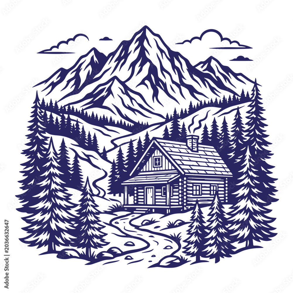 Naklejka premium Rustic wooden mountain cabin in a dense pine forest with snow-capped peaks in the background vintage woodcut illustration style mountain landscape wilderness