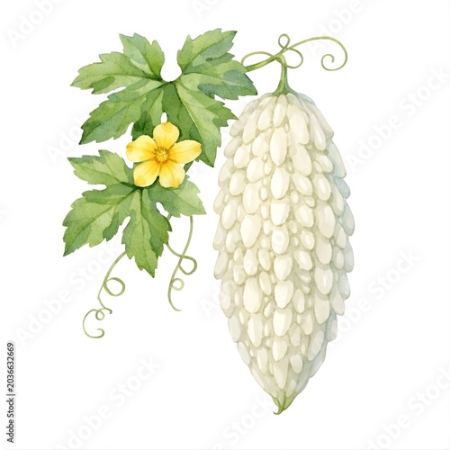 Watercolor white bitter melon with leaves and blossom isolated on white background 