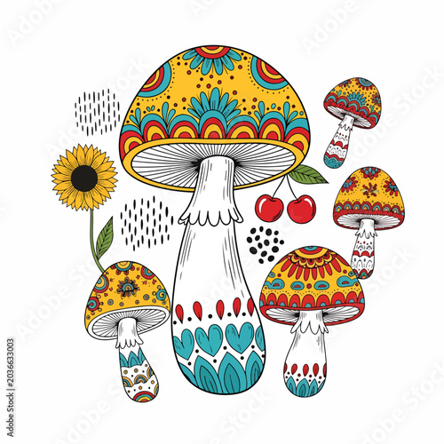 Photos Colorful mushrooms and flower illustration.