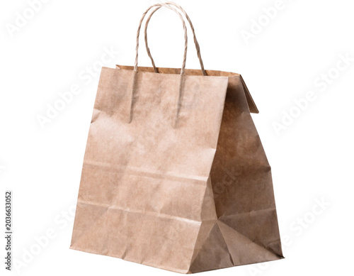 Empty brown paper shopping bag with handles isolated on white background minimalist style
