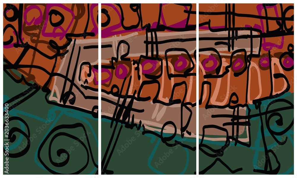 Obraz premium Modern interior triptych. The picture is painted by hand on a tablet.