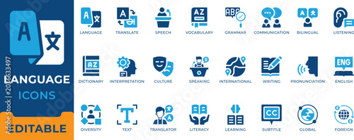 Photos Language and translation icon set