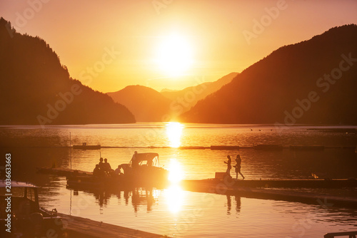 Pier on the lake at sunset