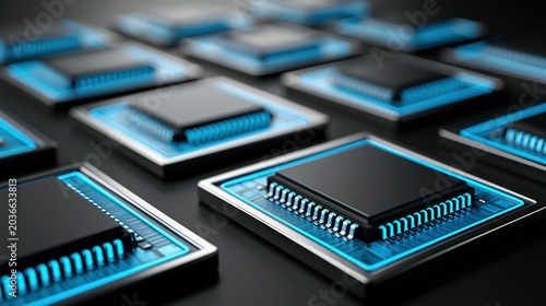 Obraz na płótnie Multiple blank computer processors on matte black circuit board with blue highlights