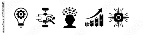 Konstfotografi Set of five black vector icons for business and technology concepts including innovation, workflow analysis, artificial intelligence, data growth, and hardware processing