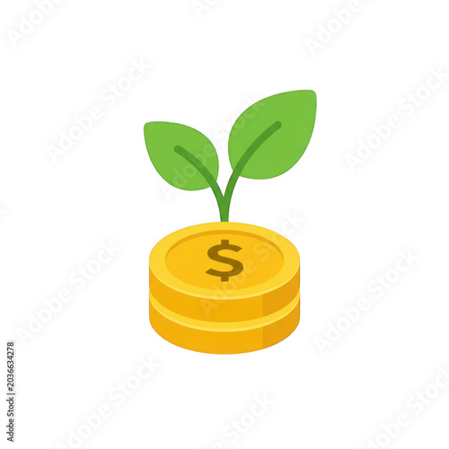 Golden coins with green sprout isolated on transparent background