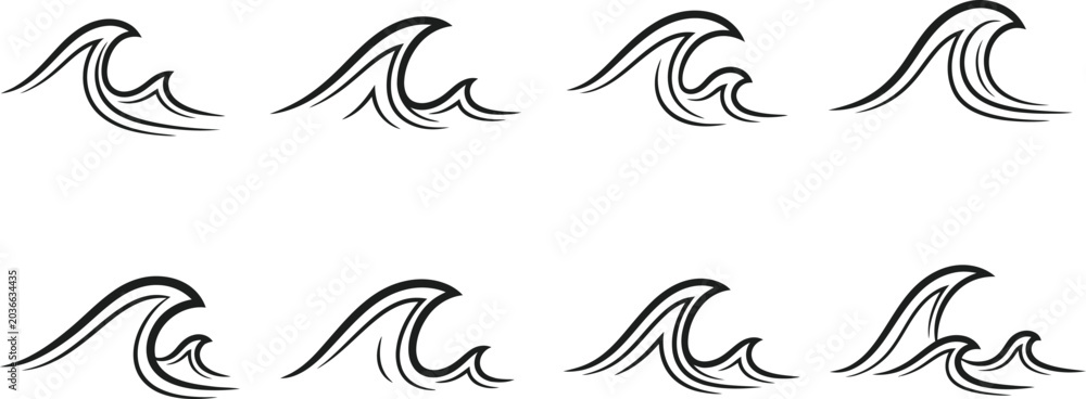 Fototapeta premium Ocean Wave Icon Set Abstract Sea Surf Water Line Vector Collection