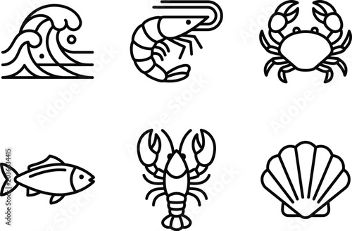 Marine Life Outline Icons Set with Crab Shrimp Fish Lobster Shell and Wave
