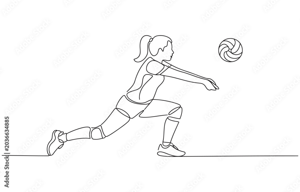 Fototapeta premium One continuous line drawing of young female professional volleyball player in action on court.