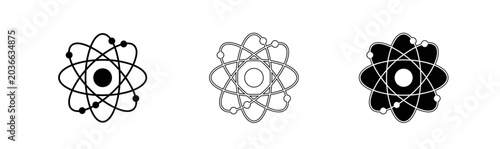Atomic structure icons set three black and white representations of electron orbitals and nuclei