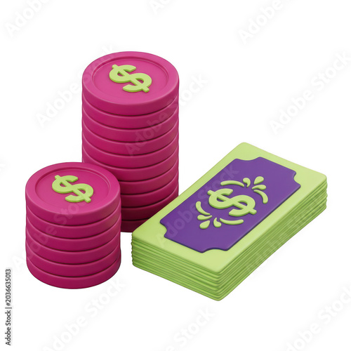 Pink dollar coin stacks with green money bills isolated