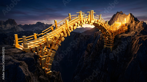 Golden bridge made of gold bars spanning mountain peaks at dusk