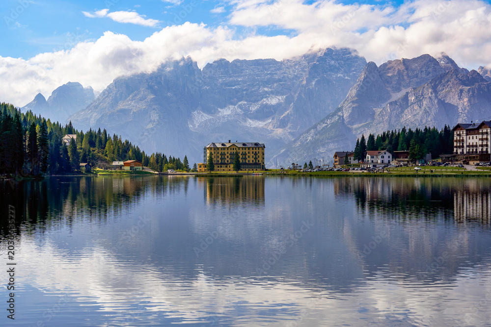 Fototapeta premium Scenic view at Misurina lake in the Dolomite Alps, Italy