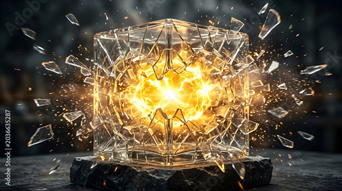 Glowing energy orb shattering a glass cube on stone base