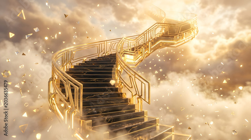 Golden staircase spiraling upward through clouds with confetti