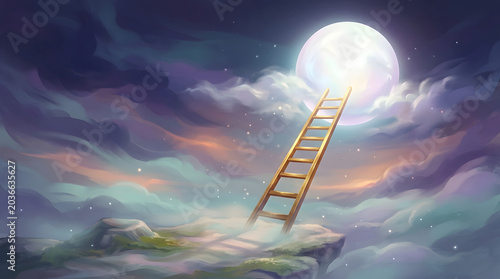 Golden ladder reaching to the moon in a dreamy night sky