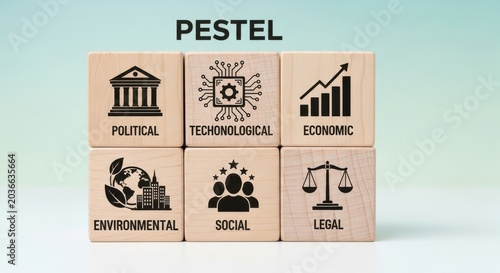 PESTEL analysis business framework on wooden blocks, strategic management concept with political economic social technological environmental and legal icons