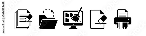 Schilderij op canvas Set of minimalist black and white icons representing document deletion, data cleaning, file erasing, and paper shredding for digital and physical workspace management