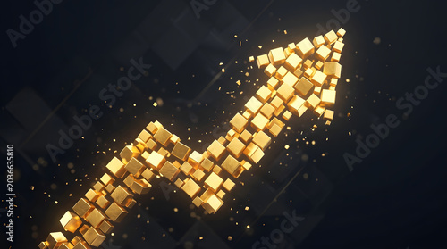 Golden arrow pointing upward made of 3D cubes on dark background