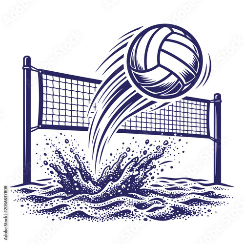 Beach volleyball game action with ball flying over net into sand volleyball competition tournament recreation activity athletic equipment monochrome isolated