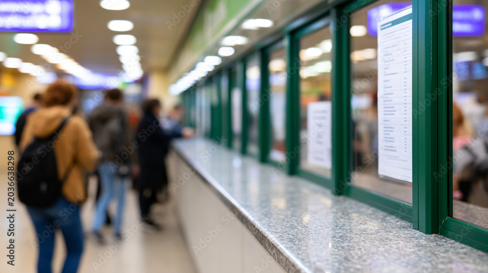 Fototapeta premium Blurry Public Transportation Ticket Office with Commuters and Information Desk Concept