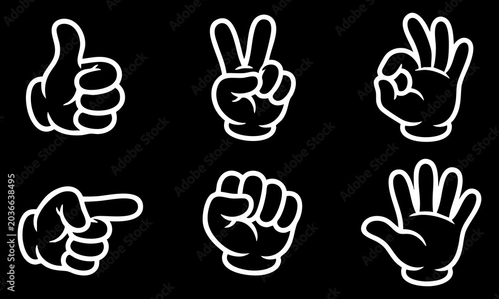 Fototapeta premium Cartoon hand gestures set featuring white outlines on a solid black background as vector graphic design