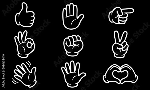 Detailed collection of cartoon hand gesture vector icons designed with bold white lines on black background