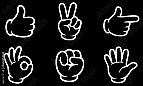 Collection of white cartoon hand gestures illustrated as a clean vector graphic on black background