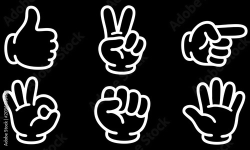 Collection of white hand gesture vector illustrations set against a solid dark black background surface