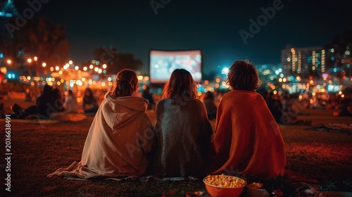 Three friends enjoying an outdoor movie night under the stars.
